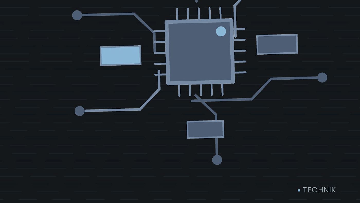 Symbolgrafik: gezeichnete Leiterbahnen mit einem Chip.