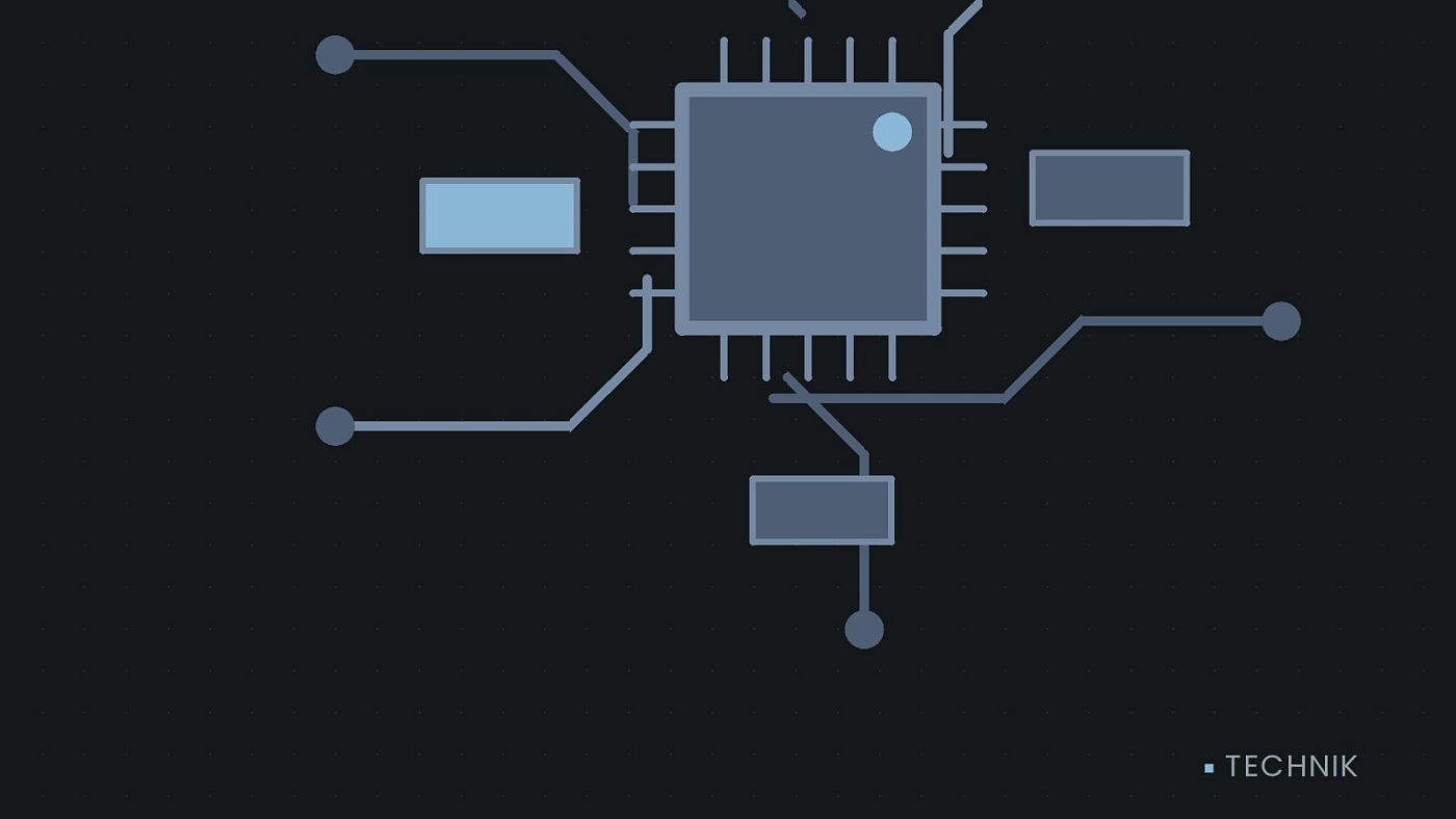 Symbolgrafik: gezeichnete Leiterbahnen mit einem Chip.