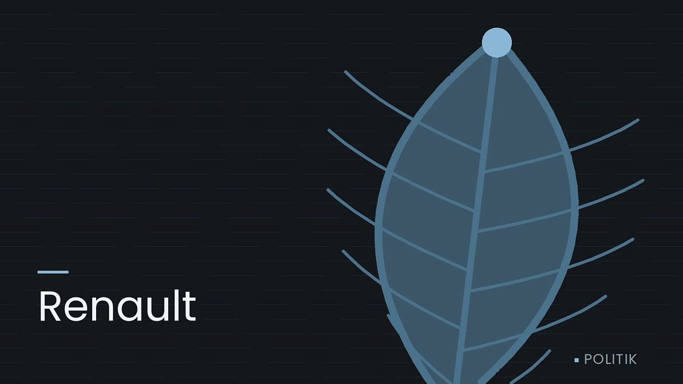 Symbolgrafik: ein gezeichnetes Blatt als Zeichen für Umwelt und Klima, beschriftet mit „Renault“.