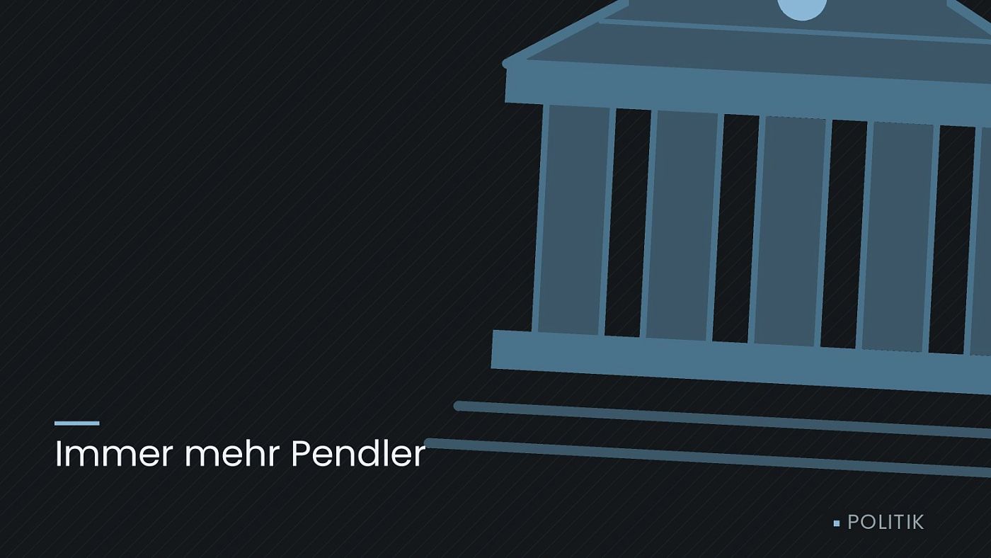 Symbolgrafik: ein stilisiertes Amtsgebäude mit Säulen, beschriftet mit „Immer mehr Pendler“.