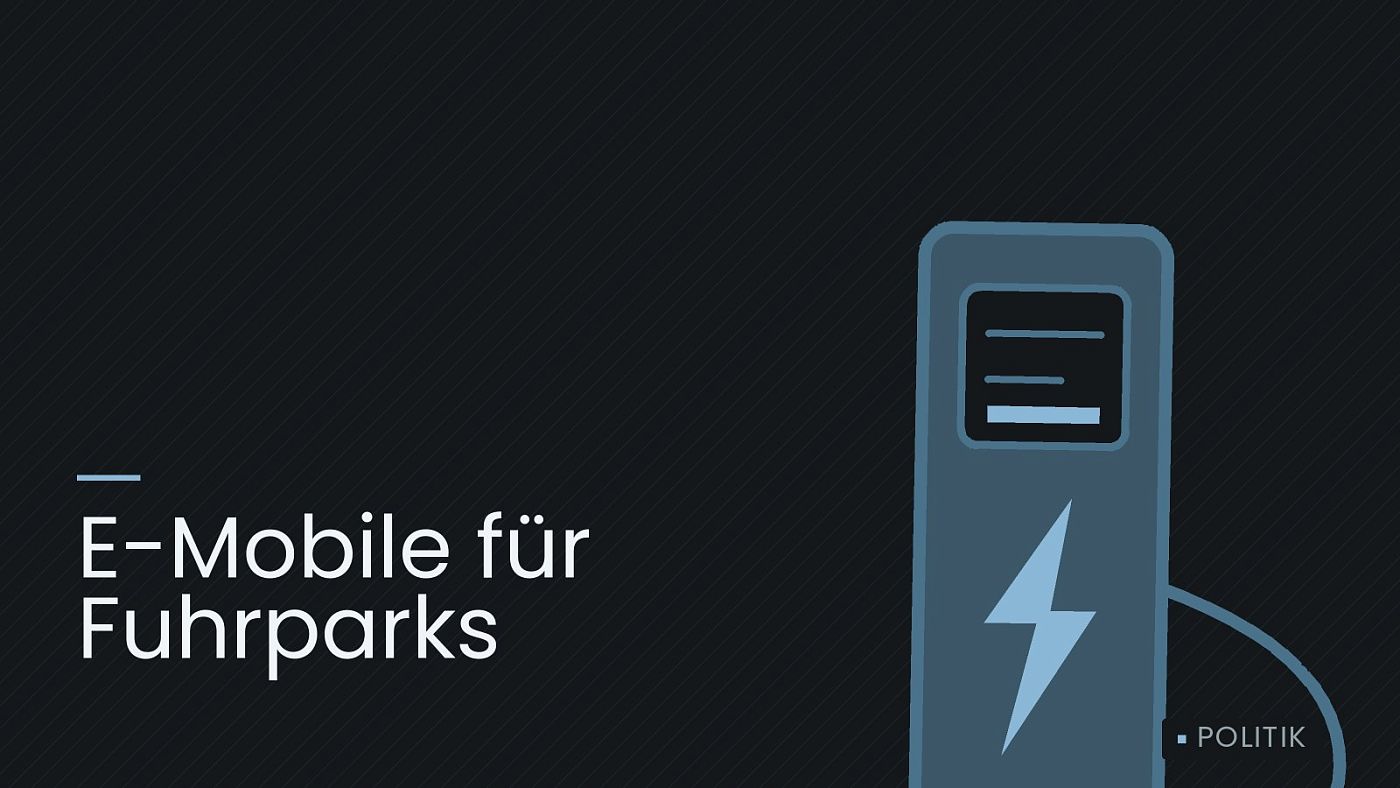 Symbolgrafik: eine gezeichnete Ladesäule mit Kabel und Stecker, beschriftet mit „E-Mobile für Fuhrparks“.