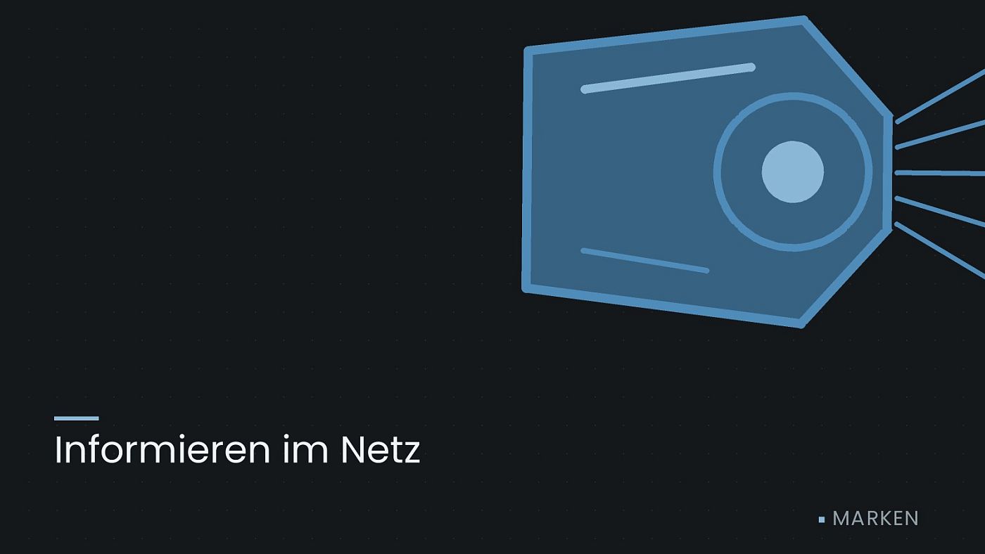 Symbolgrafik: ein gezeichneter Scheinwerfer mit Lichtkegel, beschriftet mit „Informieren im Netz“.