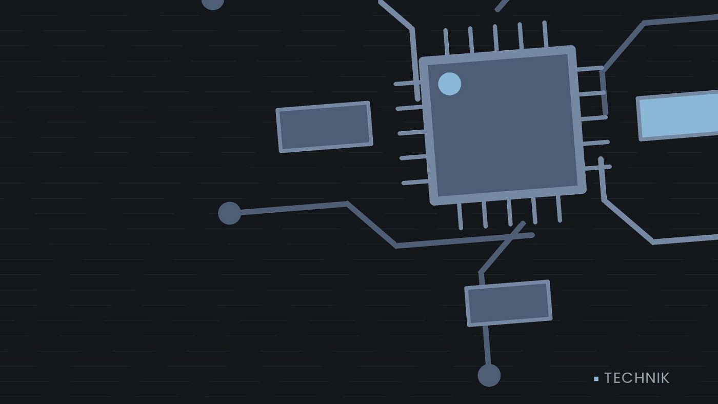Symbolgrafik: gezeichnete Leiterbahnen mit einem Chip.