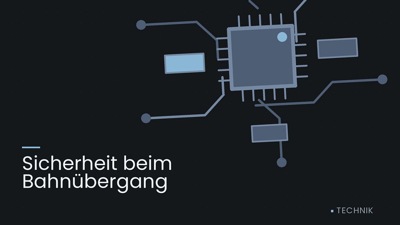 Symbolgrafik: gezeichnete Leiterbahnen mit einem Chip, beschriftet mit „Sicherheit beim Bahnübergang“.