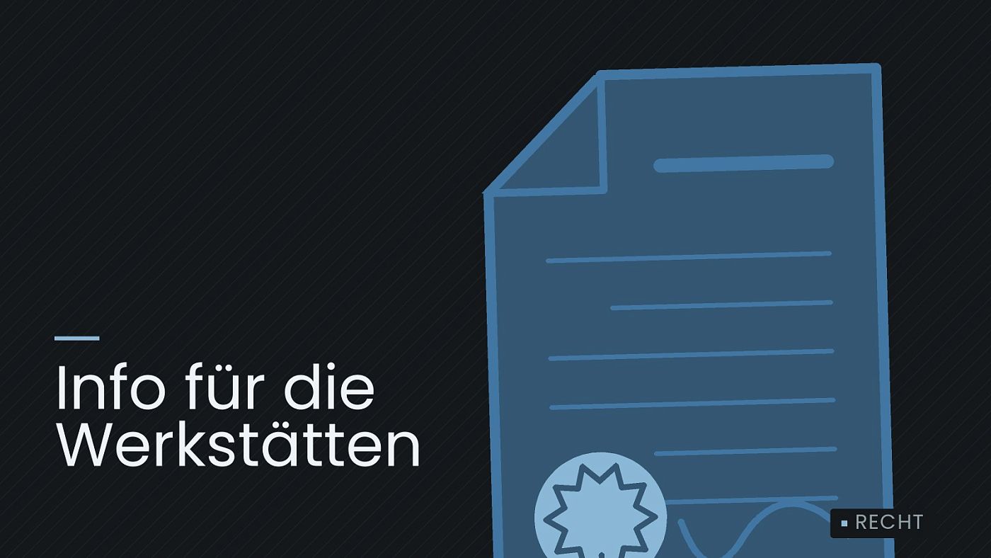 Symbolgrafik: eine gezeichnete Urkunde mit Siegel als Zeichen für eine Entscheidung, beschriftet mit „Info für die Werkstätten“.