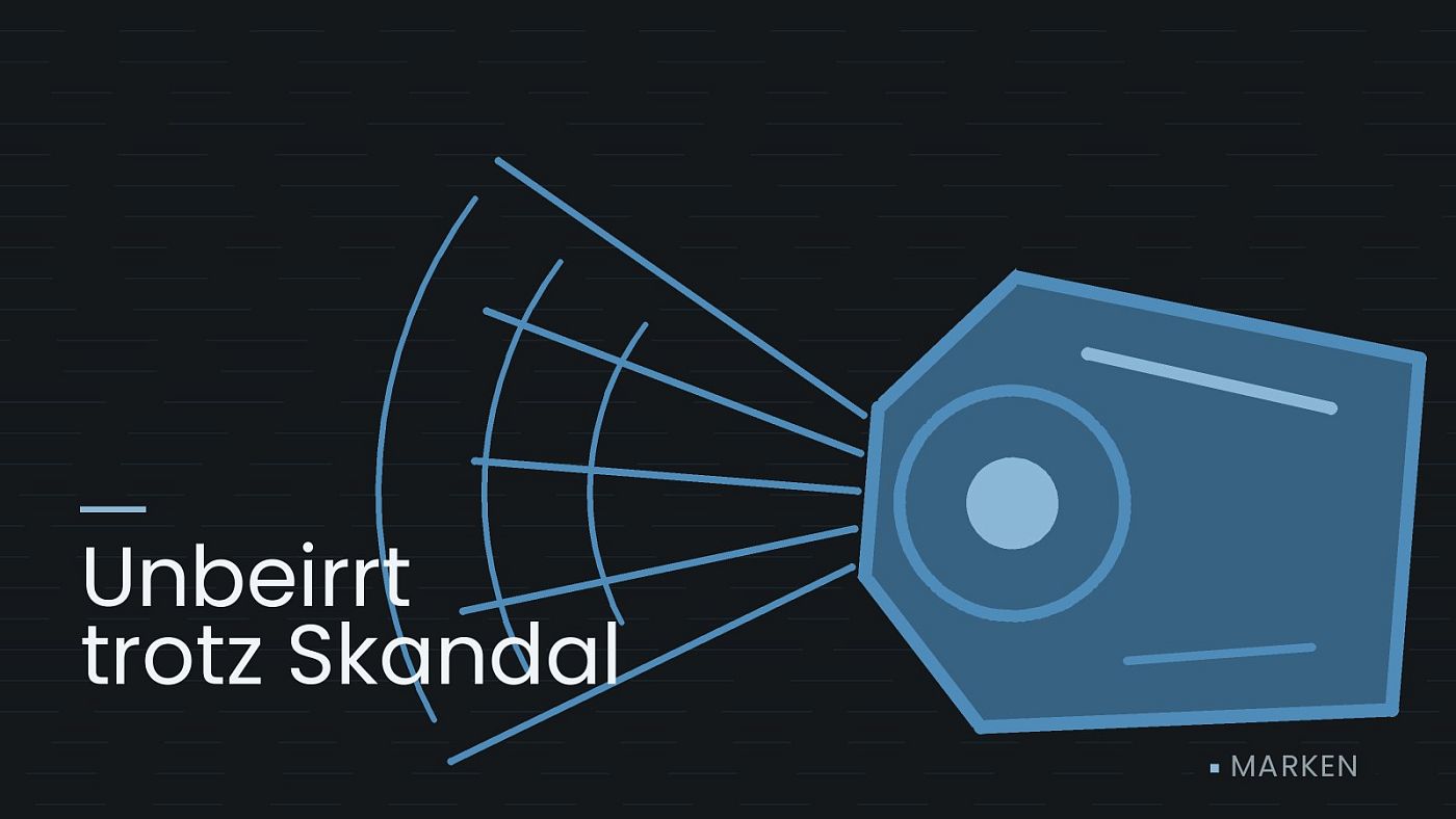 Symbolgrafik: ein gezeichneter Scheinwerfer mit Lichtkegel, beschriftet mit „Unbeirrt trotz Skandal“.
