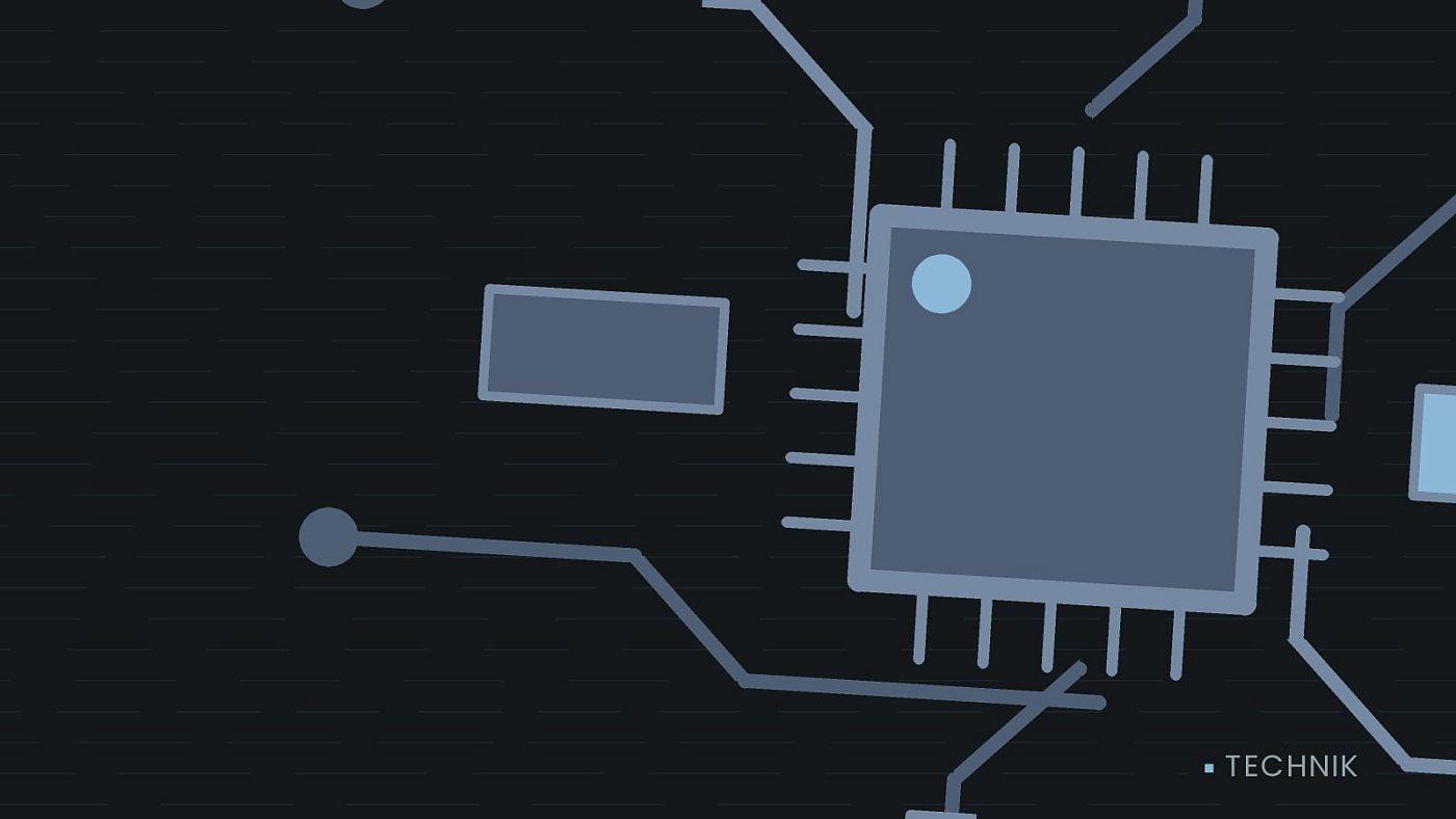 Symbolgrafik: gezeichnete Leiterbahnen mit einem Chip.