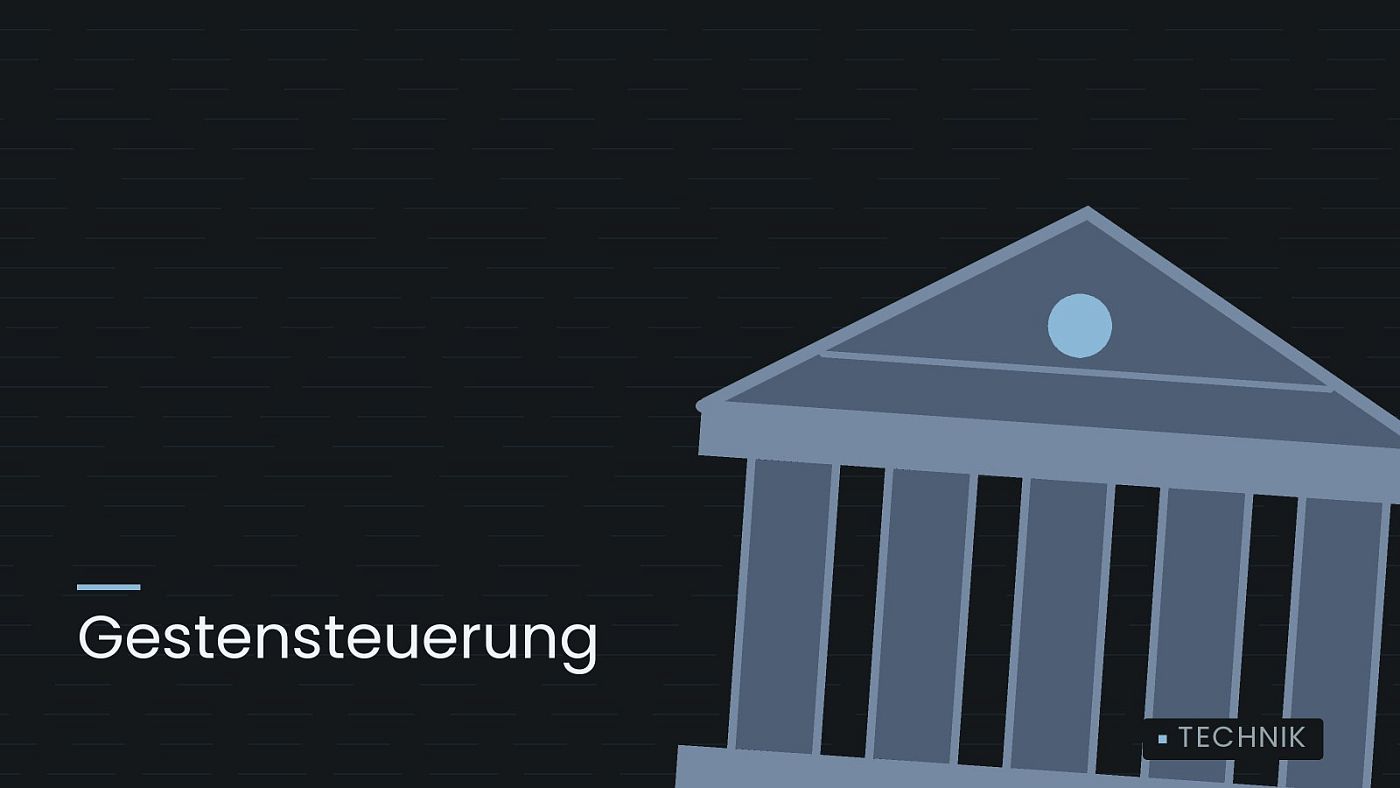 Symbolgrafik: ein stilisiertes Amtsgebäude mit Säulen, beschriftet mit „Gestensteuerung“.