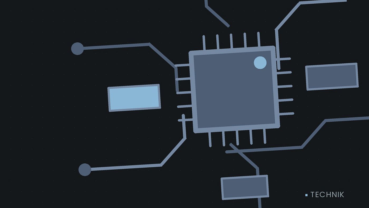 Symbolgrafik: gezeichnete Leiterbahnen mit einem Chip.