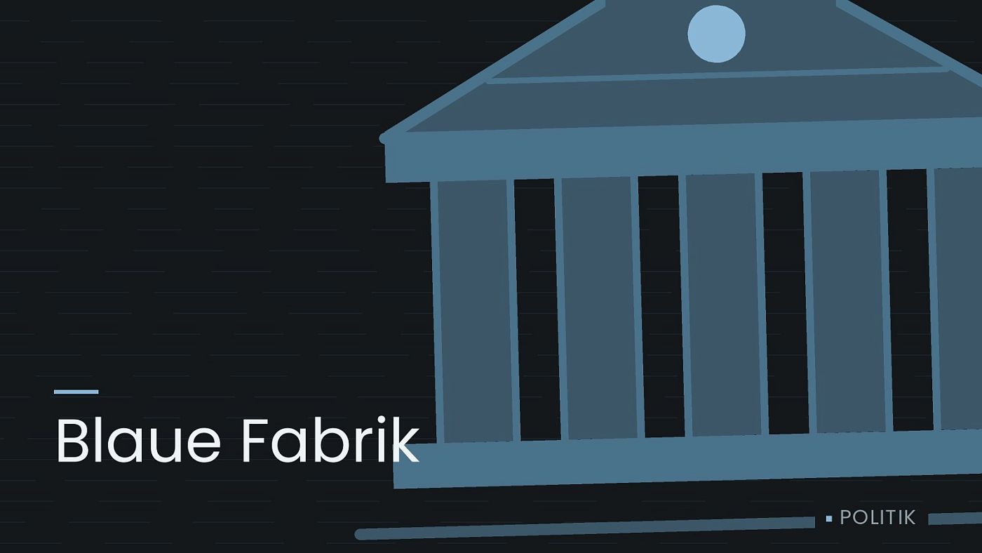 Symbolgrafik: ein stilisiertes Amtsgebäude mit Säulen, beschriftet mit „Blaue Fabrik“.