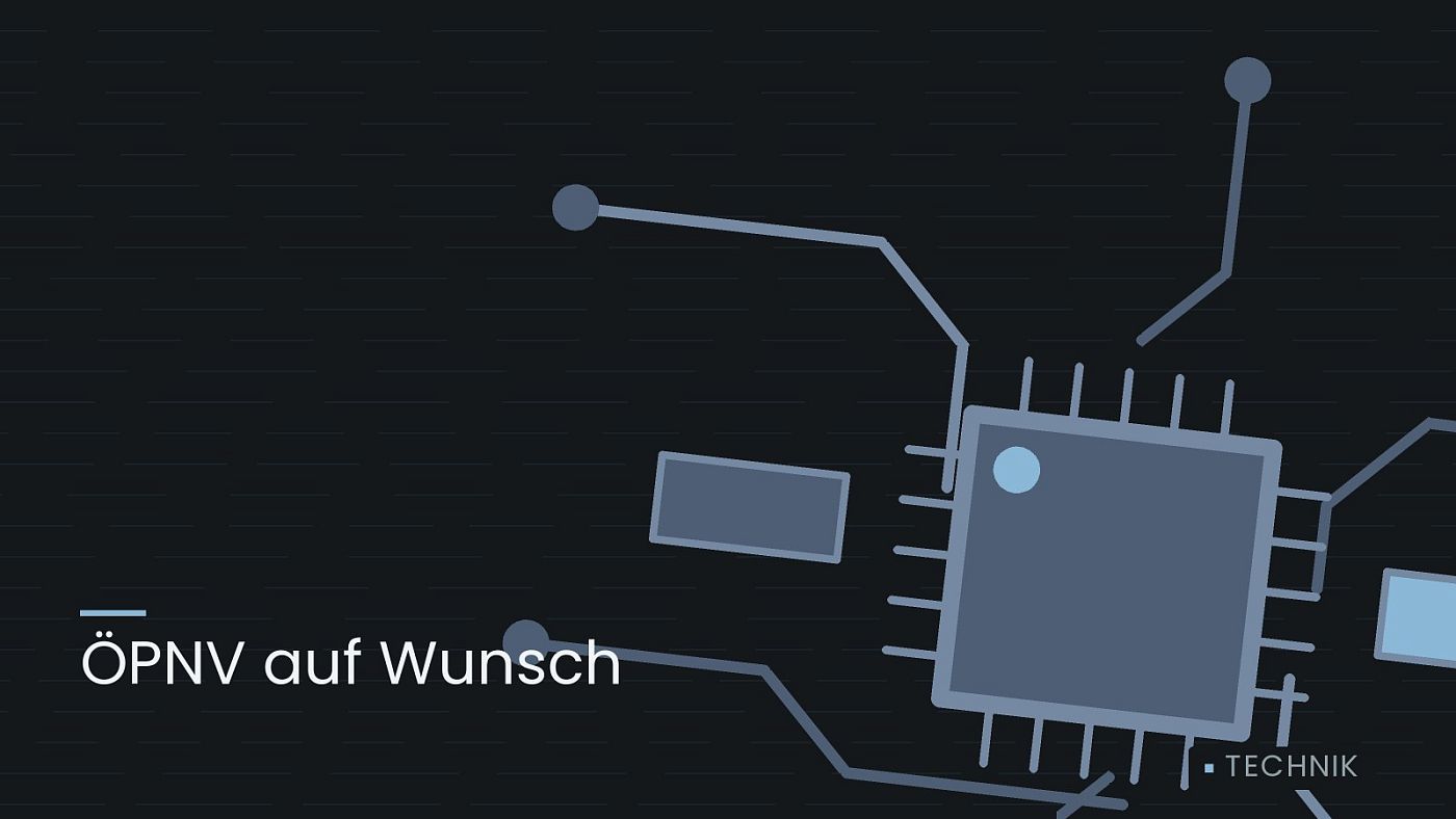 Symbolgrafik: gezeichnete Leiterbahnen mit einem Chip, beschriftet mit „ÖPNV auf Wunsch“.