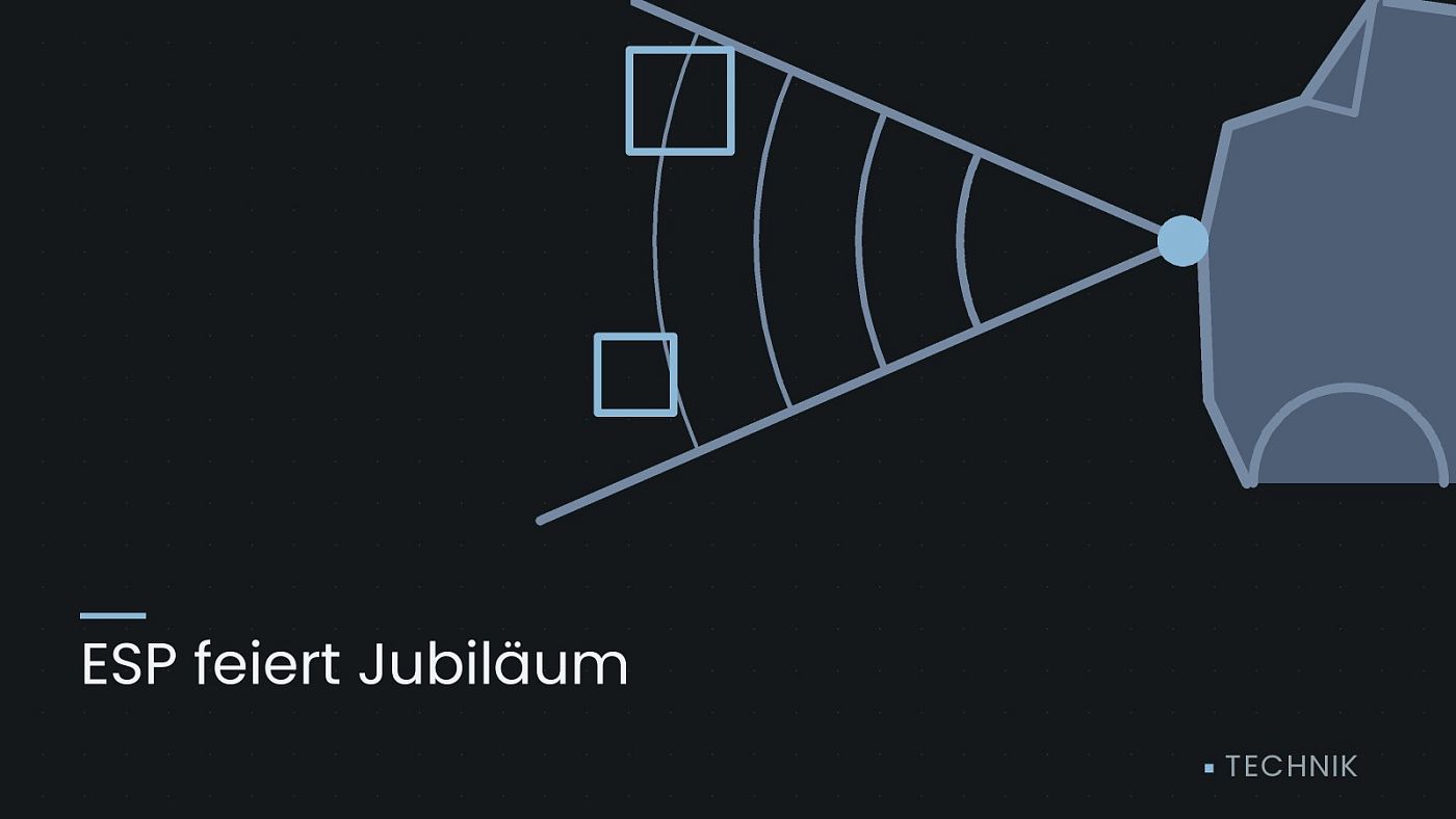 Symbolgrafik: ein gezeichneter Sensorkegel vor einer Fahrzeugfront, beschriftet mit „ESP feiert Jubiläum“.