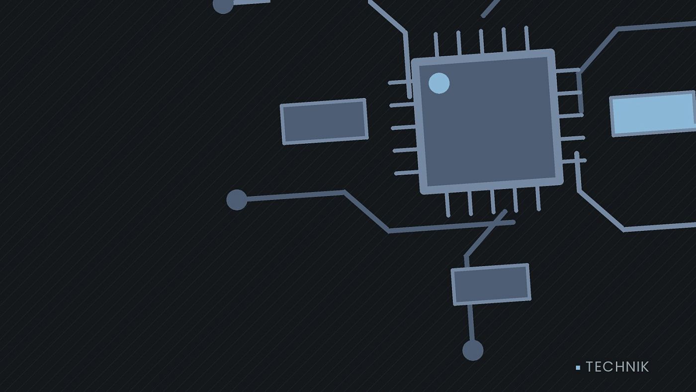Symbolgrafik: gezeichnete Leiterbahnen mit einem Chip.