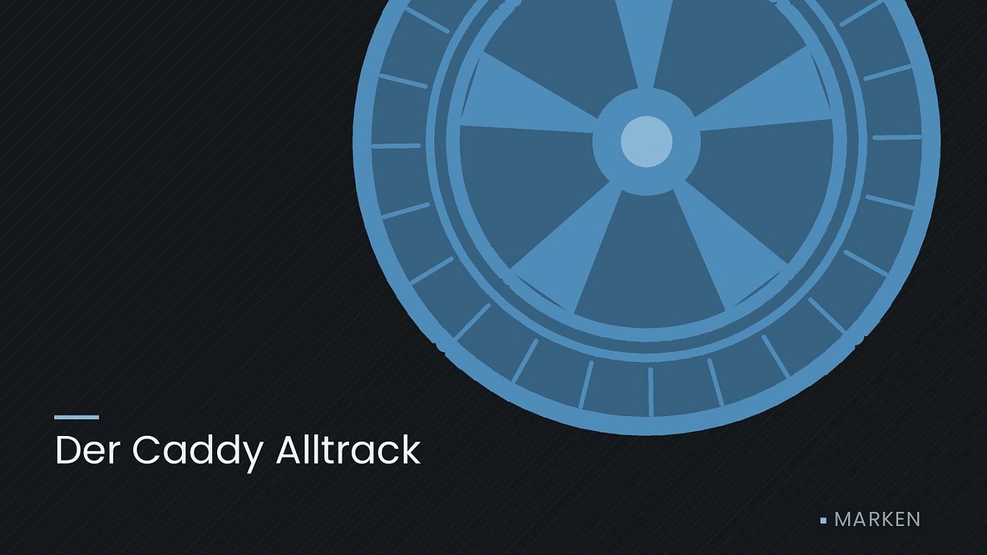 Symbolgrafik: ein gezeichnetes Rad mit Speichen, beschriftet mit „Der Caddy Alltrack“.
