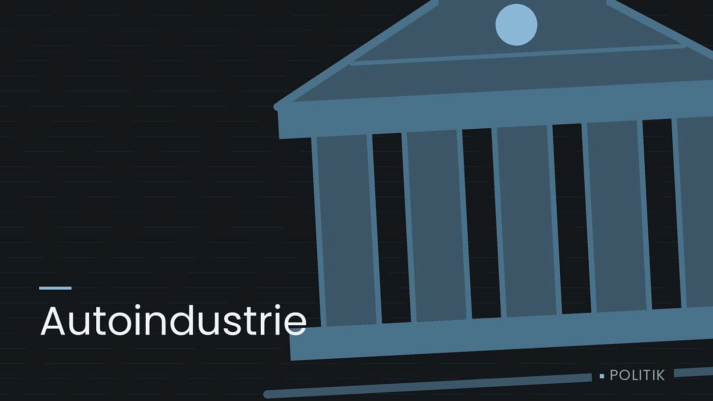 Symbolgrafik: ein stilisiertes Amtsgebäude mit Säulen, beschriftet mit „Autoindustrie“.