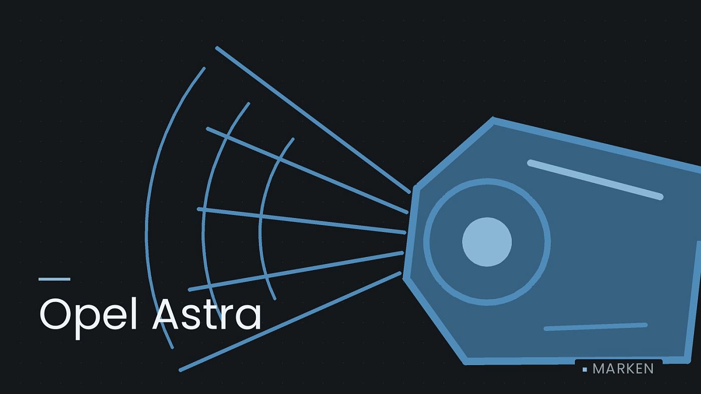 Symbolgrafik: ein gezeichneter Scheinwerfer mit Lichtkegel, beschriftet mit „Opel Astra“.
