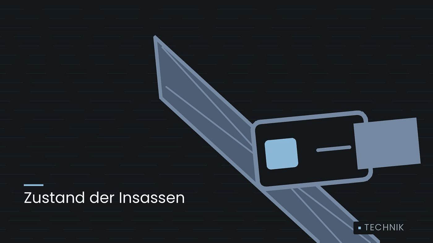 Symbolgrafik: ein gezeichneter Sicherheitsgurt mit Schloss, beschriftet mit „Zustand der Insassen“.