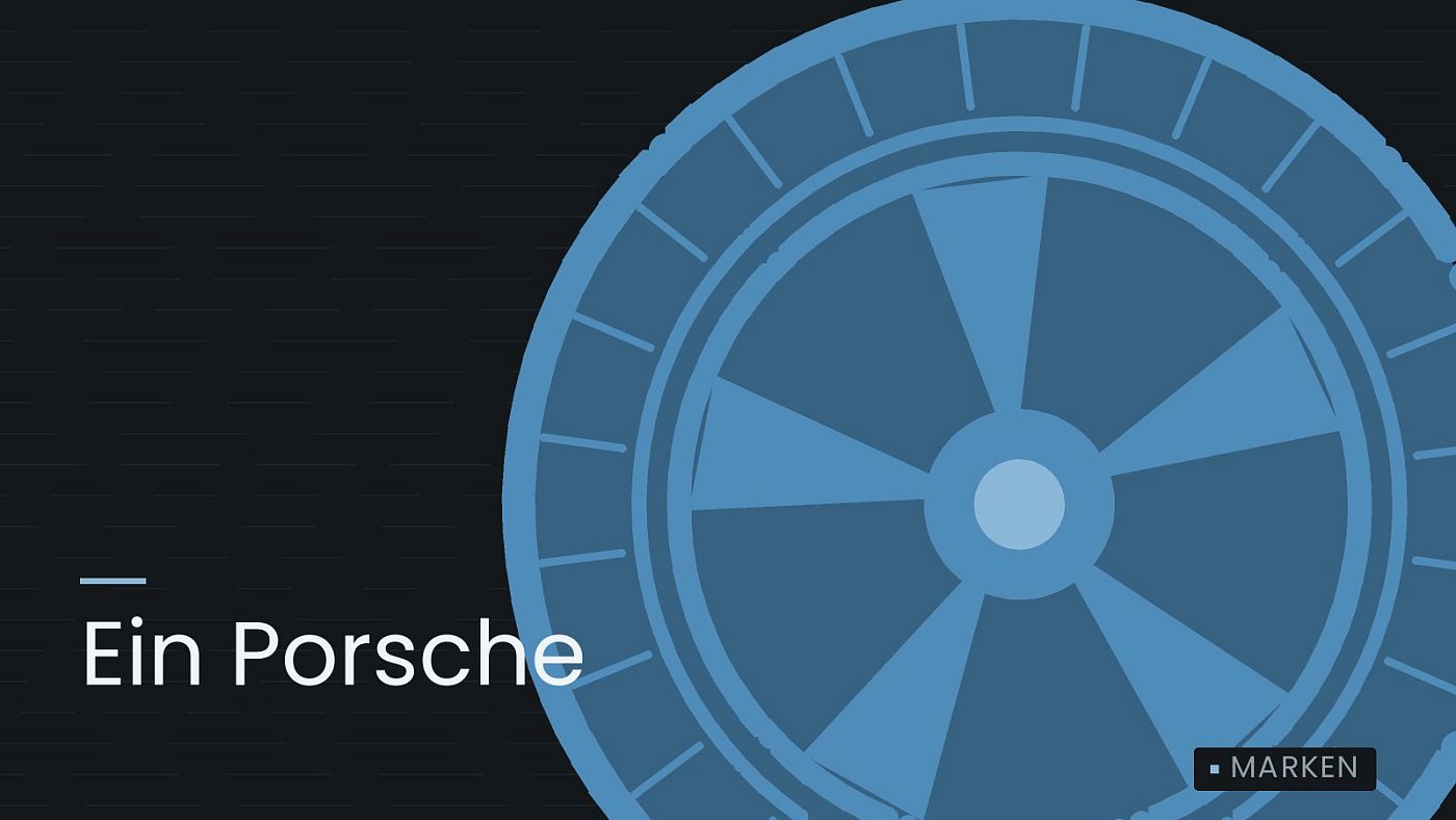 Symbolgrafik: ein gezeichnetes Rad mit Speichen, beschriftet mit „Ein Porsche“.