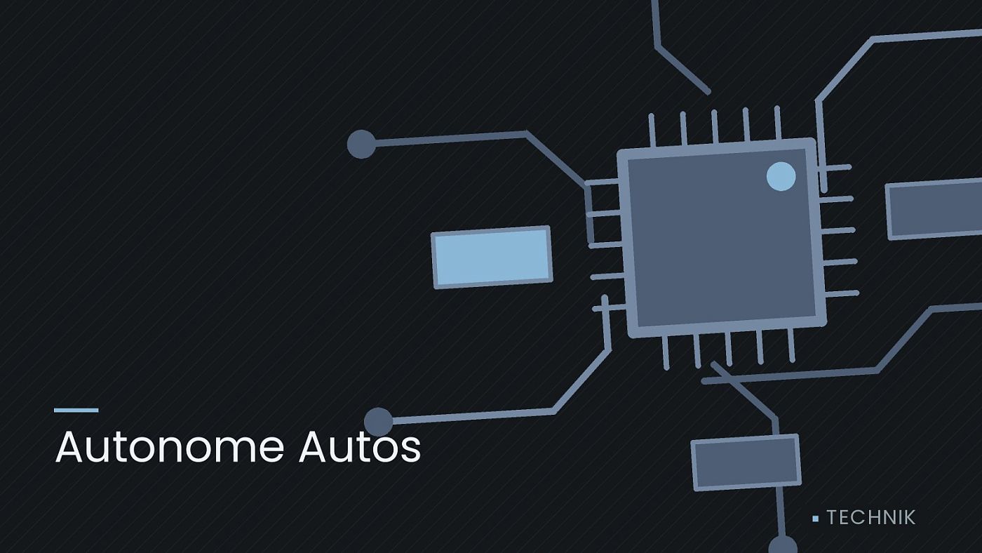 Symbolgrafik: gezeichnete Leiterbahnen mit einem Chip, beschriftet mit „Autonome Autos“.