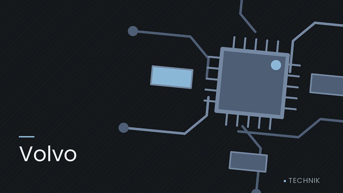 Symbolgrafik: gezeichnete Leiterbahnen mit einem Chip, beschriftet mit „Volvo“.