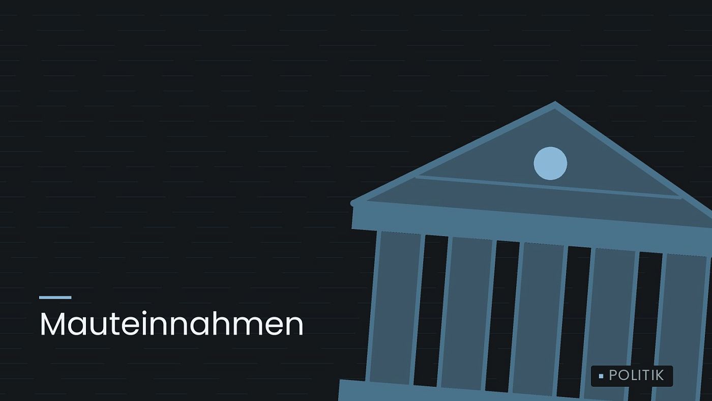 Symbolgrafik: ein stilisiertes Amtsgebäude mit Säulen, beschriftet mit „Mauteinnahmen“.