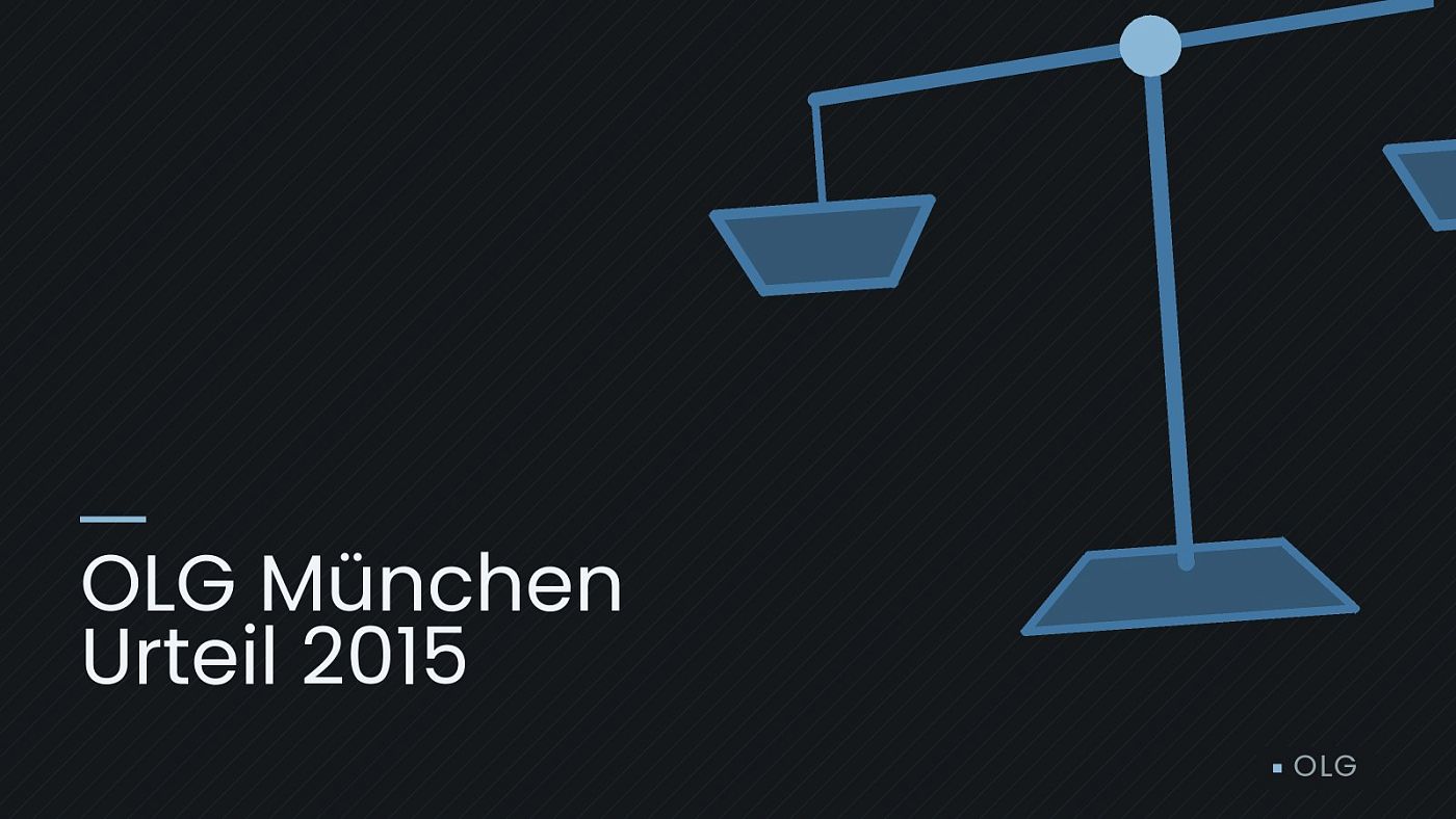 Symbolgrafik: eine stilisierte Waage als Zeichen für eine Gerichtsentscheidung, beschriftet mit „OLG München Urteil 2015“.