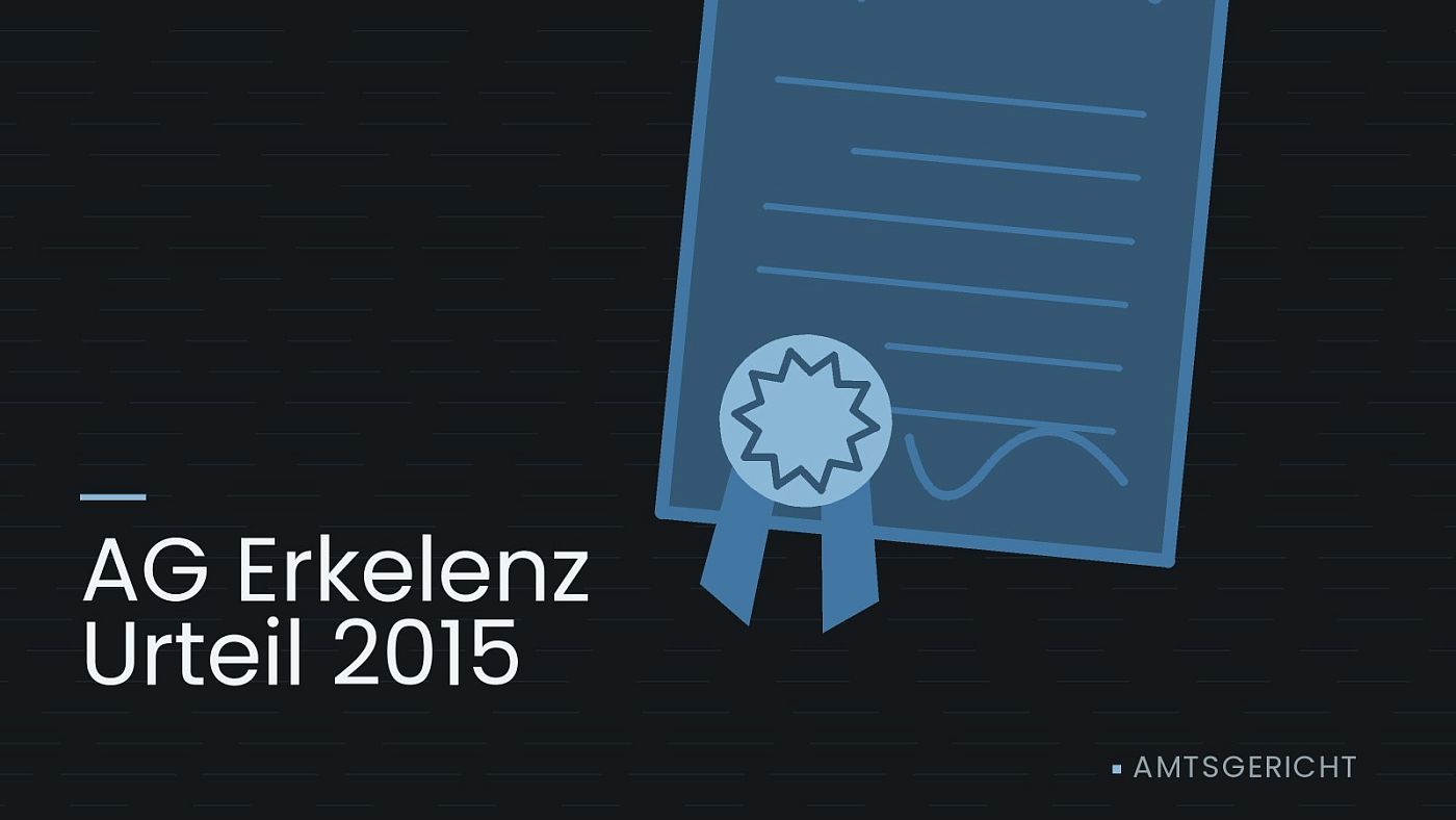 Symbolgrafik: eine gezeichnete Urkunde mit Siegel als Zeichen für eine Entscheidung, beschriftet mit „AG Erkelenz Urteil 2015“.