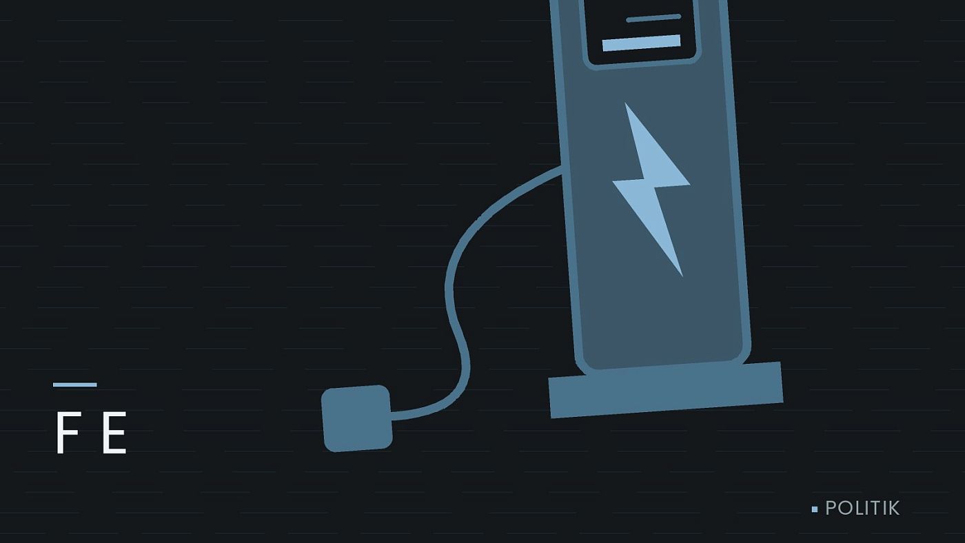 Symbolgrafik: eine gezeichnete Ladesäule mit Kabel und Stecker, beschriftet mit „F E“.