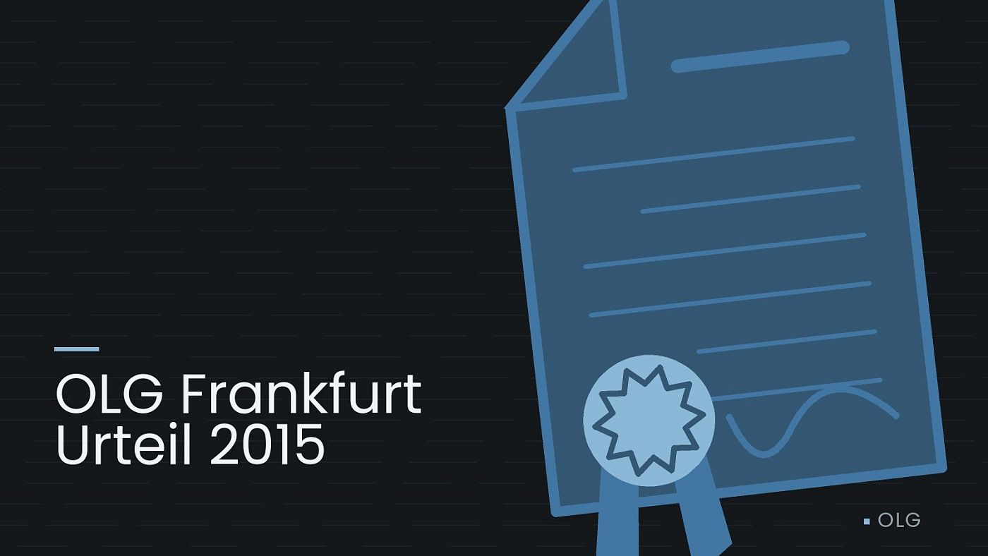 Symbolgrafik: eine gezeichnete Urkunde mit Siegel als Zeichen für eine Entscheidung, beschriftet mit „OLG Frankfurt Urteil 2015“.