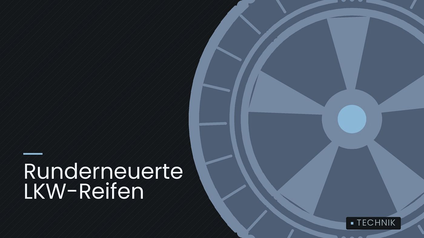Symbolgrafik: ein gezeichnetes Rad mit Speichen, beschriftet mit „Runderneuerte LKW-Reifen“.