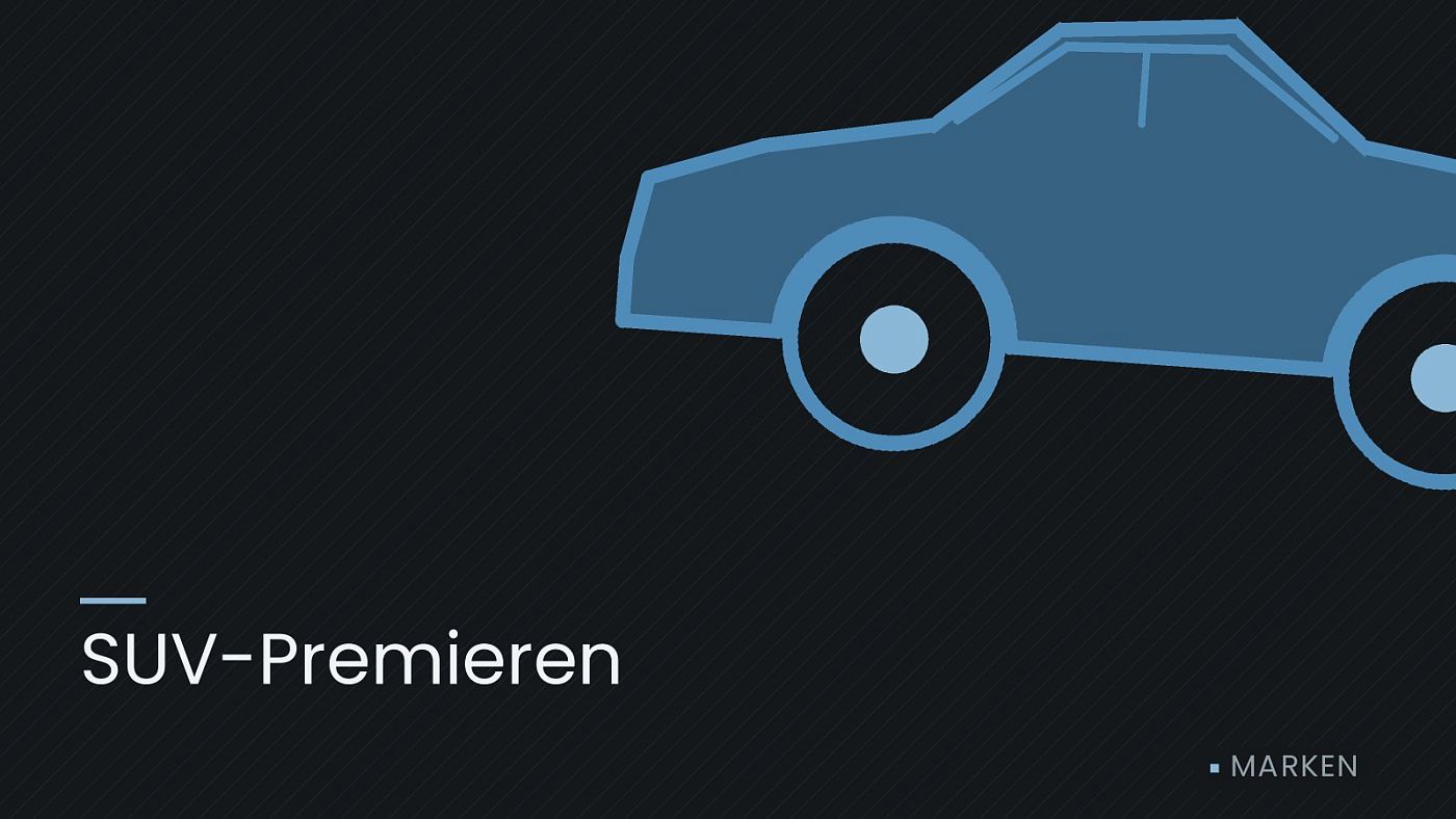 Symbolgrafik: die Umrisslinie eines Fahrzeugs von der Seite, beschriftet mit „SUV-Premieren“.