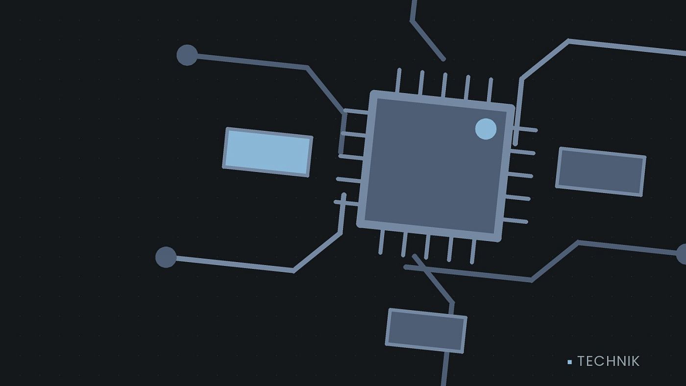 Symbolgrafik: gezeichnete Leiterbahnen mit einem Chip.