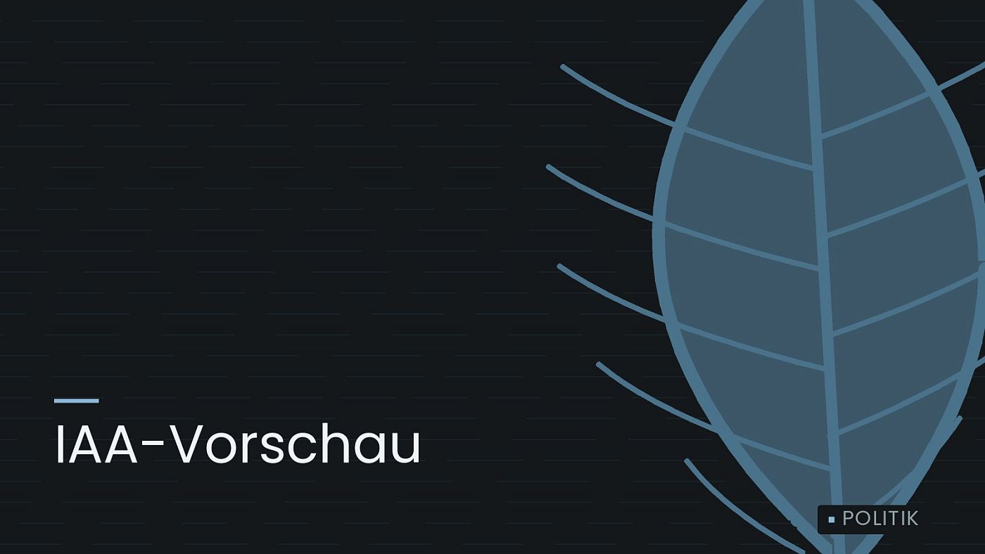 Symbolgrafik: ein gezeichnetes Blatt als Zeichen für Umwelt und Klima, beschriftet mit „IAA-Vorschau“.