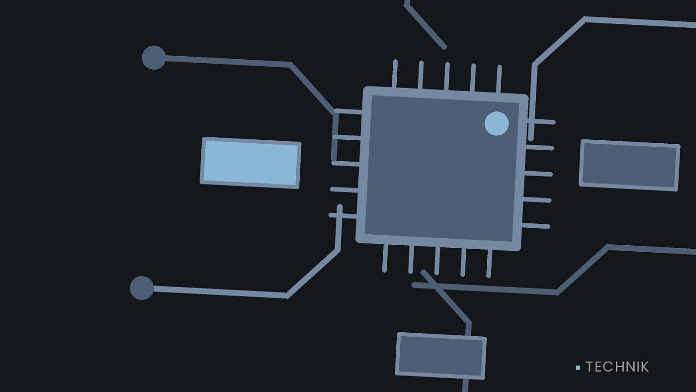 Symbolgrafik: gezeichnete Leiterbahnen mit einem Chip.