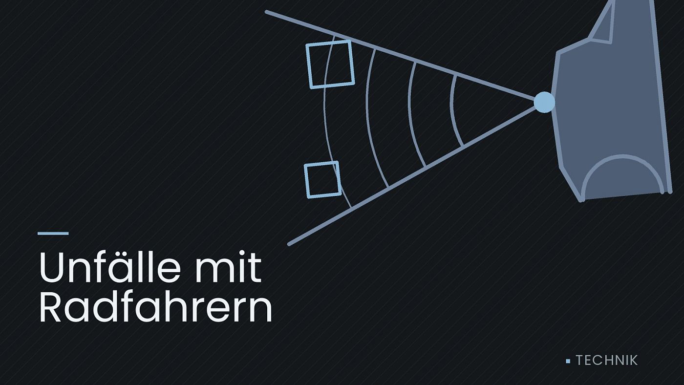 Symbolgrafik: ein gezeichneter Sensorkegel vor einer Fahrzeugfront, beschriftet mit „Unfälle mit Radfahrern“.
