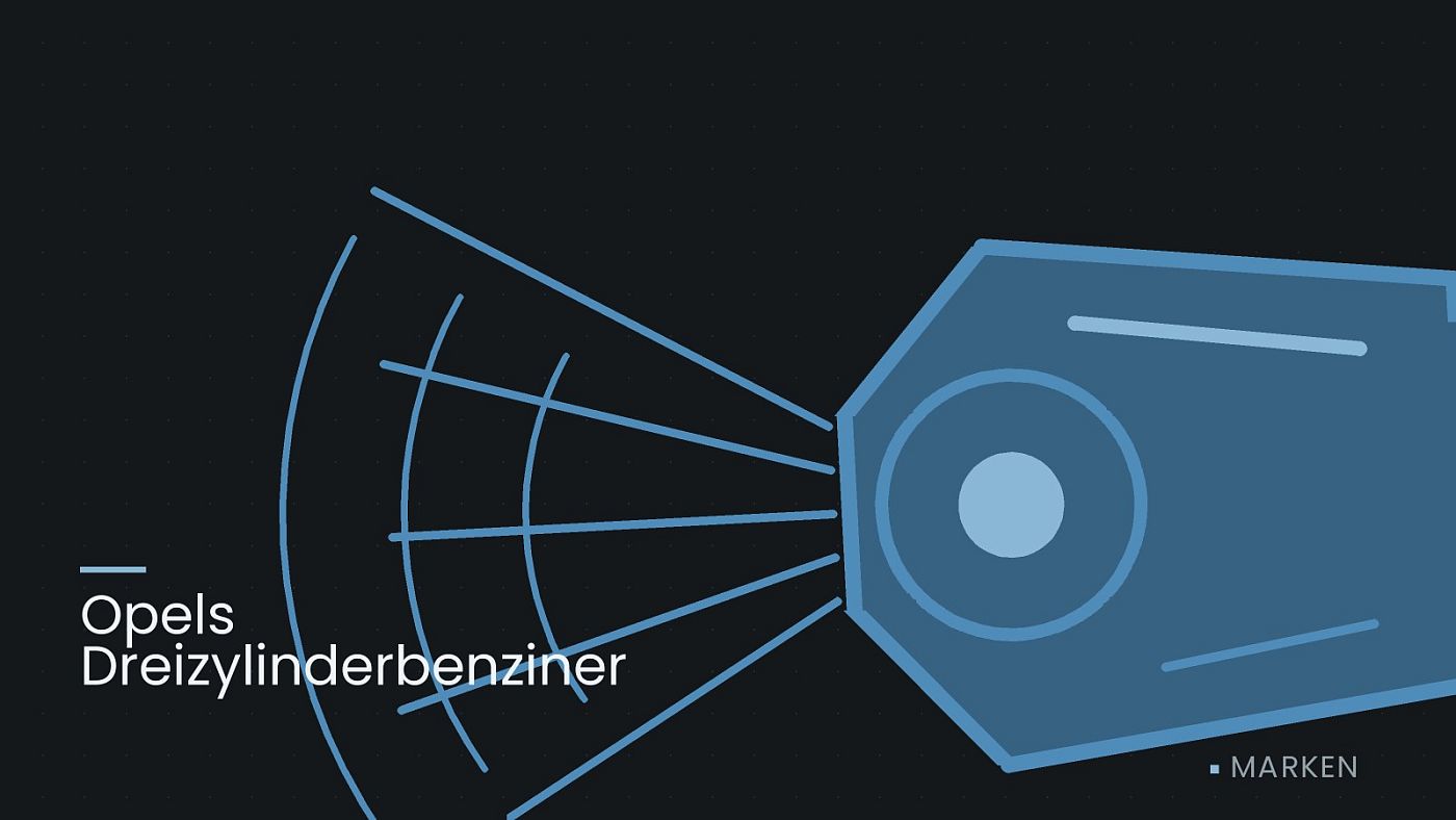 Symbolgrafik: ein gezeichneter Scheinwerfer mit Lichtkegel, beschriftet mit „Opels Dreizylinderbenziner“.