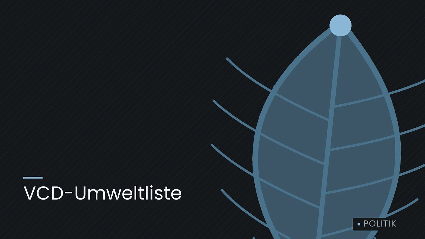 Symbolgrafik: ein gezeichnetes Blatt als Zeichen für Umwelt und Klima, beschriftet mit „VCD-Umweltliste“.