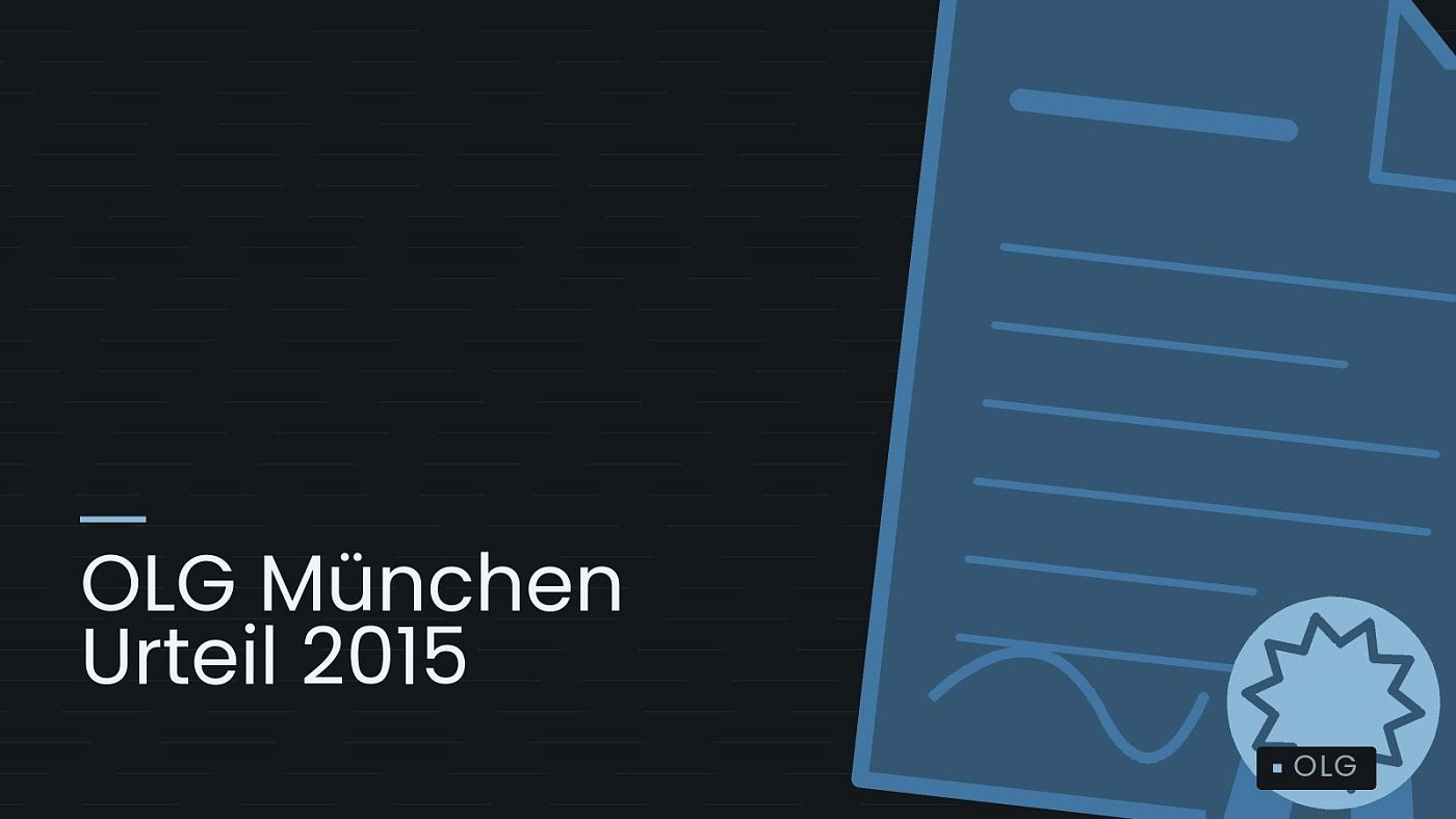 Symbolgrafik: eine gezeichnete Urkunde mit Siegel als Zeichen für eine Entscheidung, beschriftet mit „OLG München Urteil 2015“.