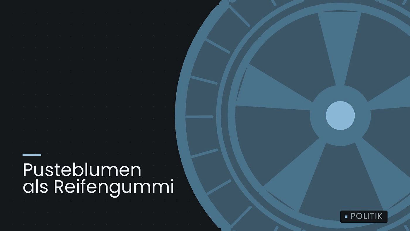 Symbolgrafik: ein gezeichnetes Rad mit Speichen, beschriftet mit „Pusteblumen als Reifengummi“.