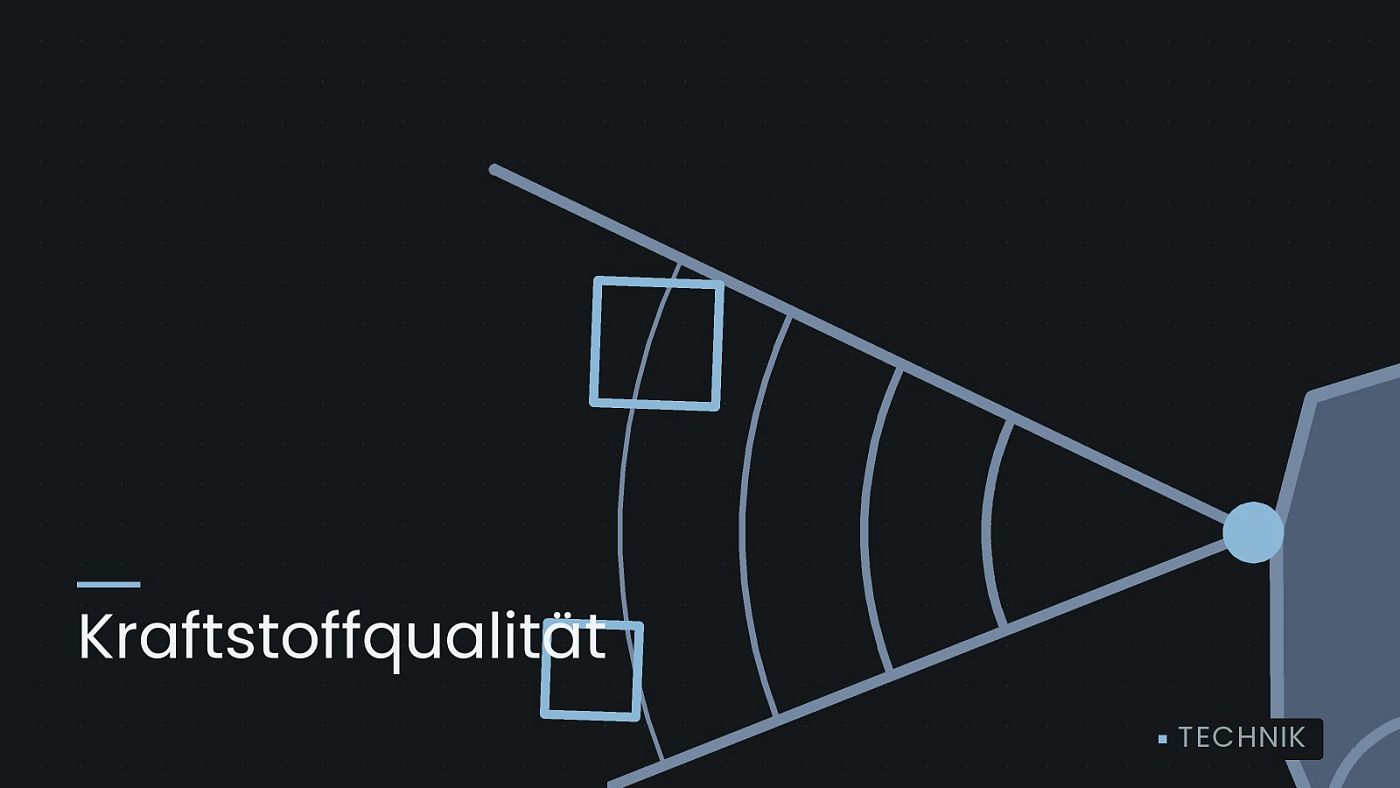 Symbolgrafik: ein gezeichneter Sensorkegel vor einer Fahrzeugfront, beschriftet mit „Kraftstoffqualität“.