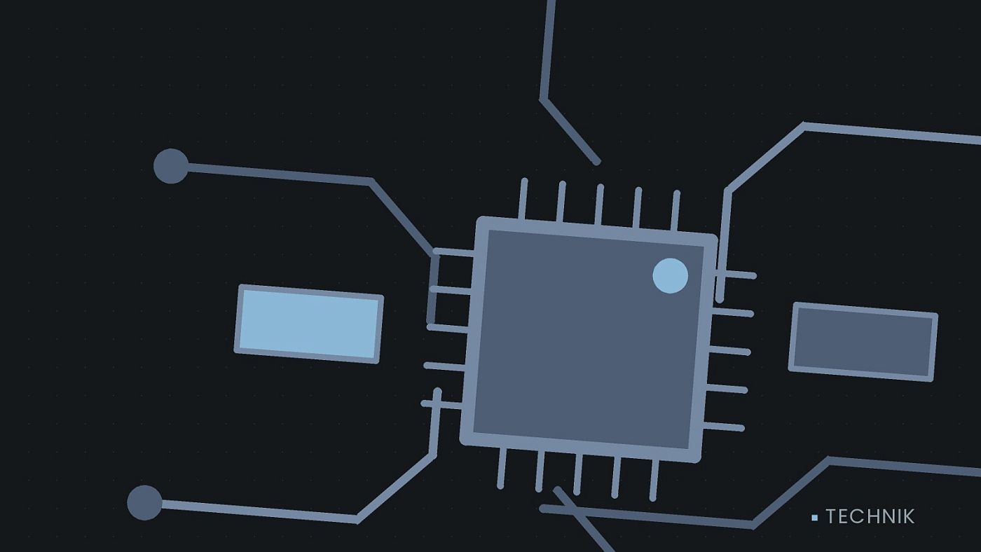 Symbolgrafik: gezeichnete Leiterbahnen mit einem Chip.