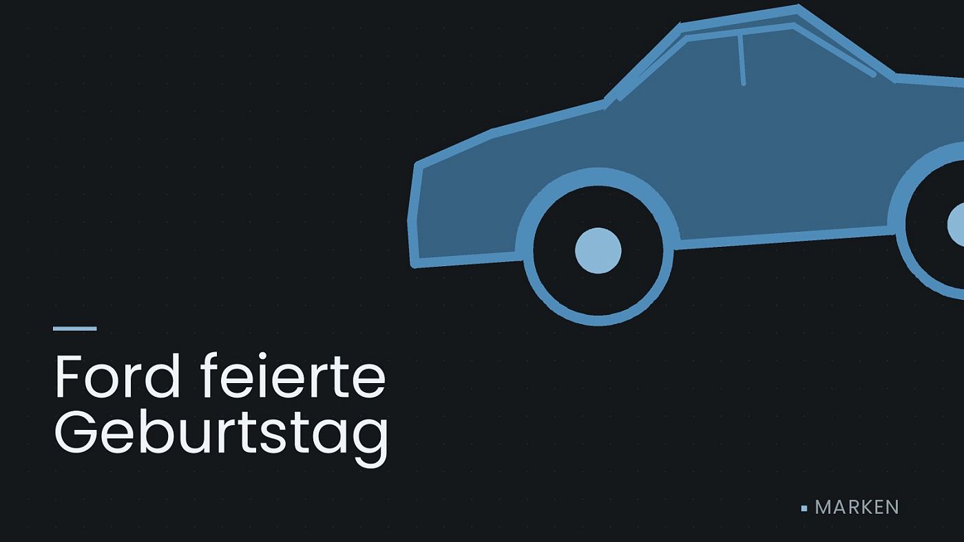 Symbolgrafik: die Umrisslinie eines Fahrzeugs von der Seite, beschriftet mit „Ford feierte Geburtstag“.