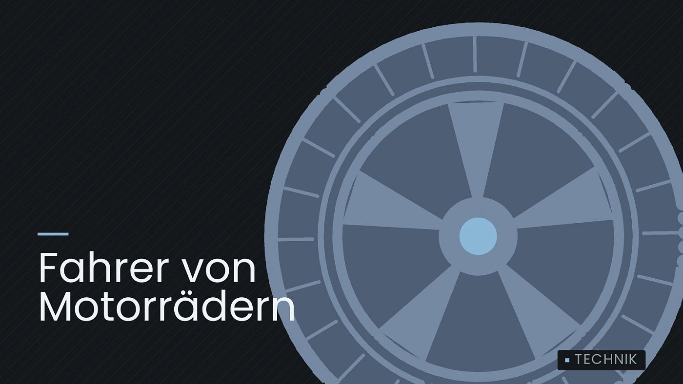 Symbolgrafik: ein gezeichnetes Rad mit Speichen, beschriftet mit „Fahrer von Motorrädern“.