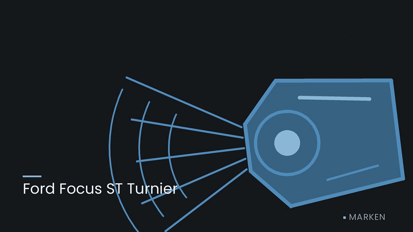 Symbolgrafik: ein gezeichneter Scheinwerfer mit Lichtkegel, beschriftet mit „Ford Focus ST Turnier“.