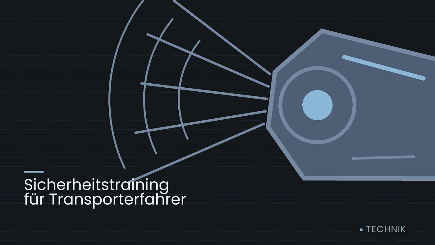 Symbolgrafik: ein gezeichneter Scheinwerfer mit Lichtkegel, beschriftet mit „Sicherheitstraining für Transporterfahrer“.