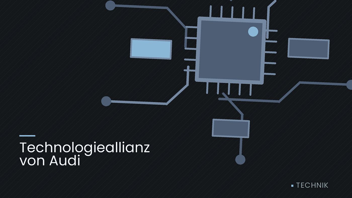 Symbolgrafik: gezeichnete Leiterbahnen mit einem Chip, beschriftet mit „Technologieallianz von Audi“.