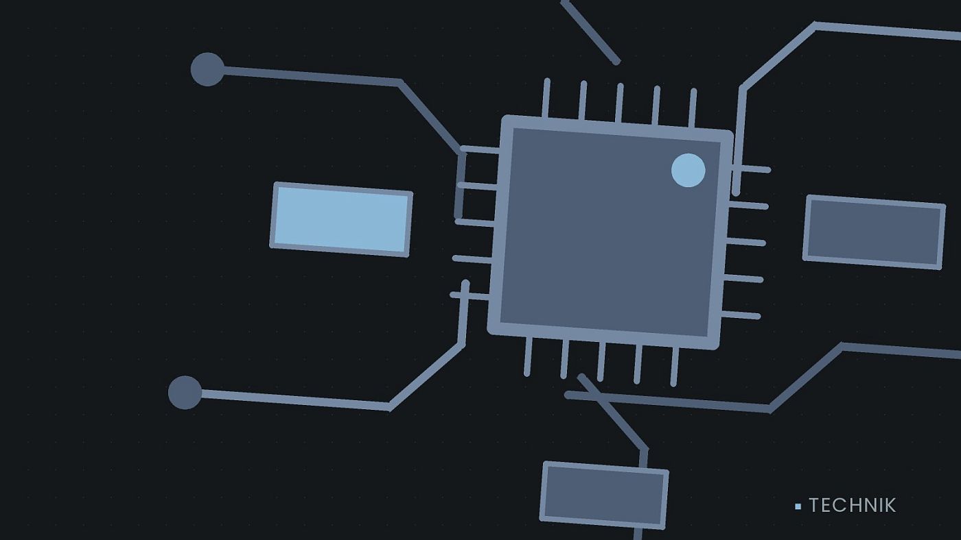 Symbolgrafik: gezeichnete Leiterbahnen mit einem Chip.