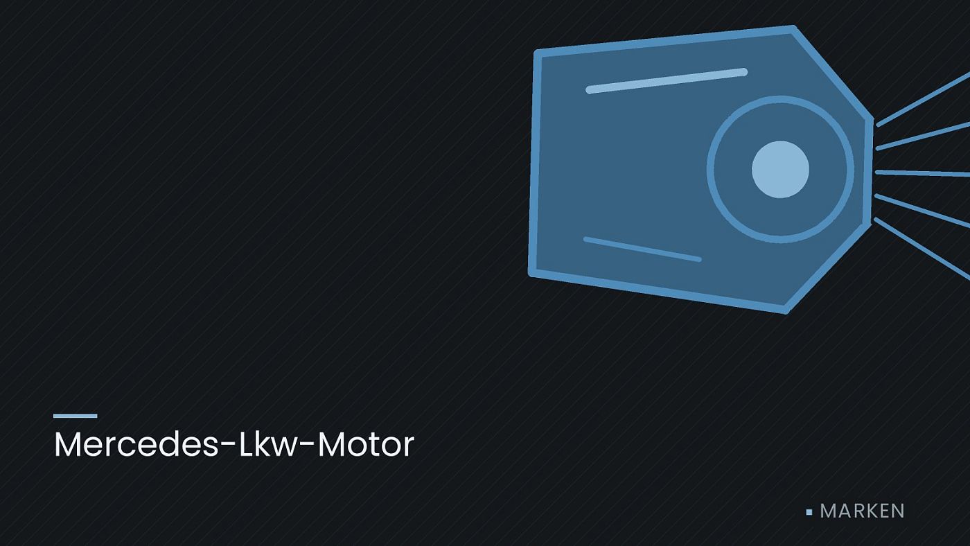 Symbolgrafik: ein gezeichneter Scheinwerfer mit Lichtkegel, beschriftet mit „Mercedes-Lkw-Motor“.
