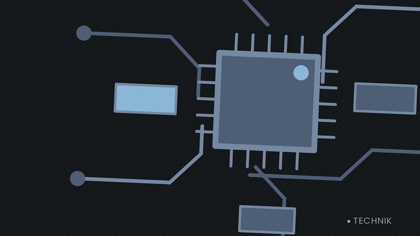 Symbolgrafik: gezeichnete Leiterbahnen mit einem Chip.