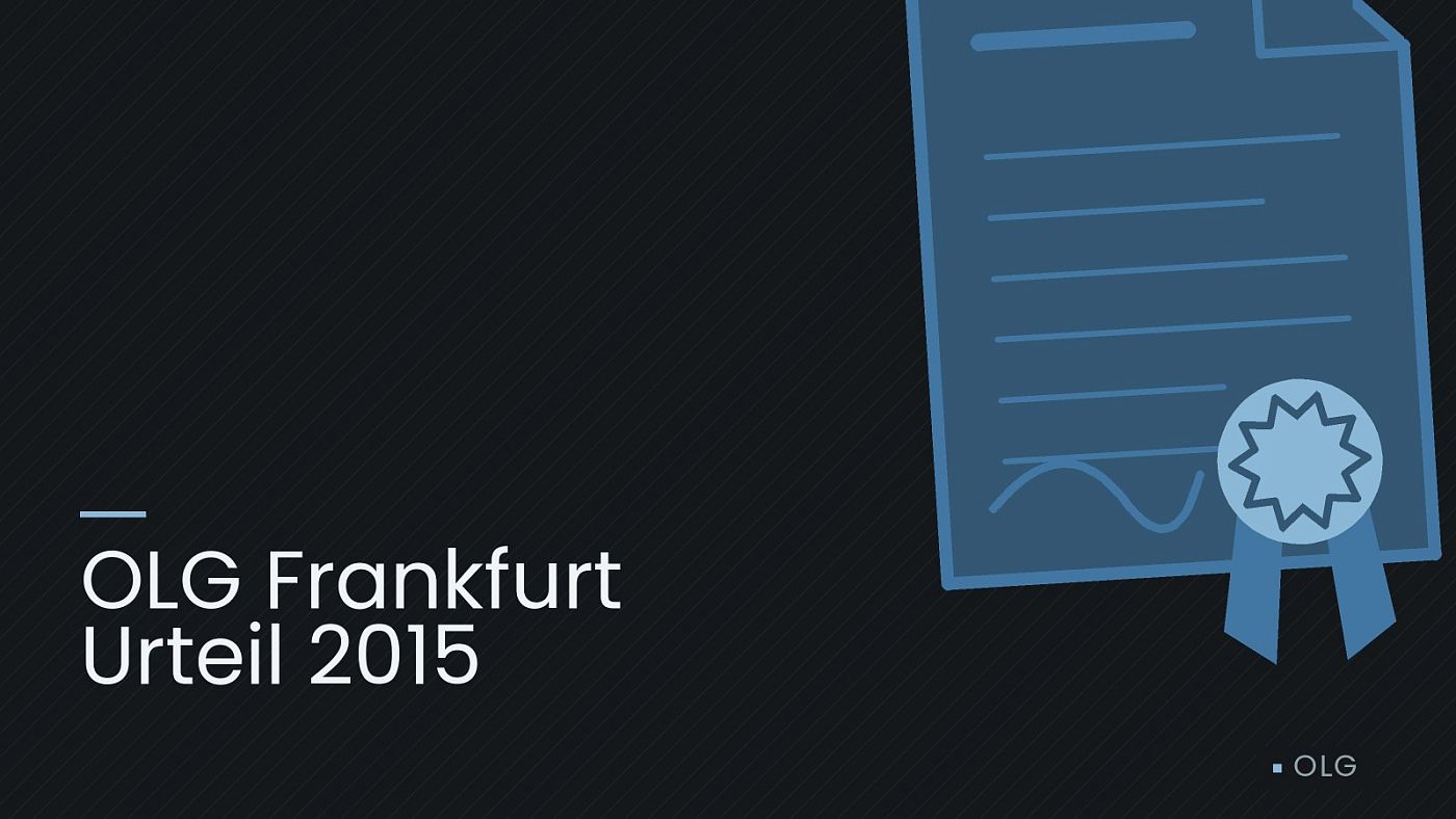 Symbolgrafik: eine gezeichnete Urkunde mit Siegel als Zeichen für eine Entscheidung, beschriftet mit „OLG Frankfurt Urteil 2015“.